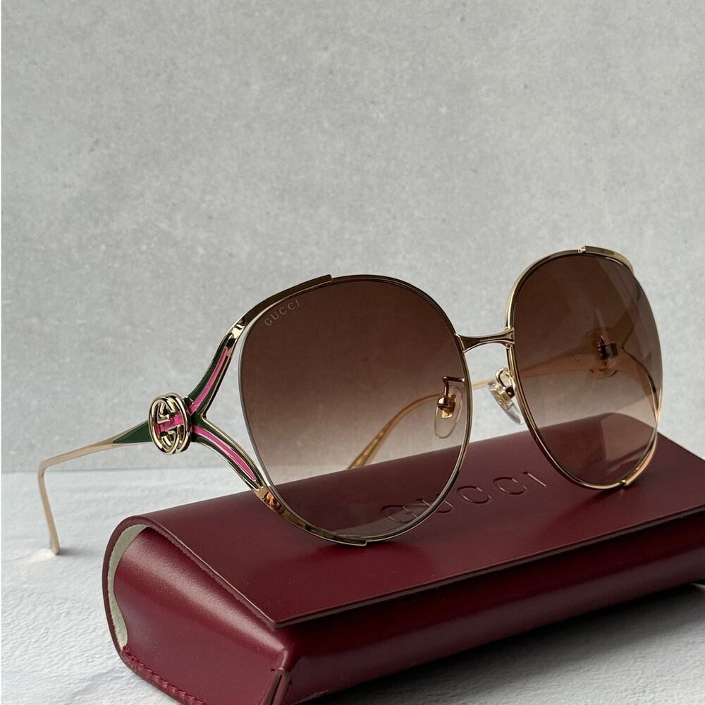 NEW Gucci GG0225S Rose Gold Oversized Round Sunglasses